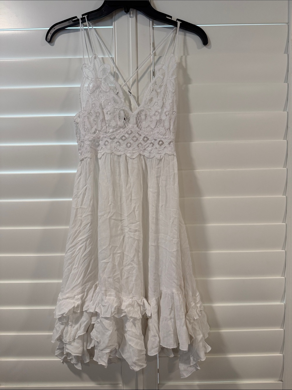 White Crochet Bodice Ruffle Mini Dress